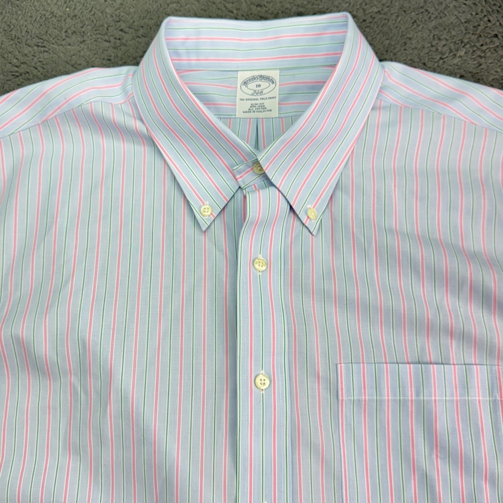 Brooks Brothers 346 Button Down Mens 18 Blue Pink Striped Slim Short Slve Shirt